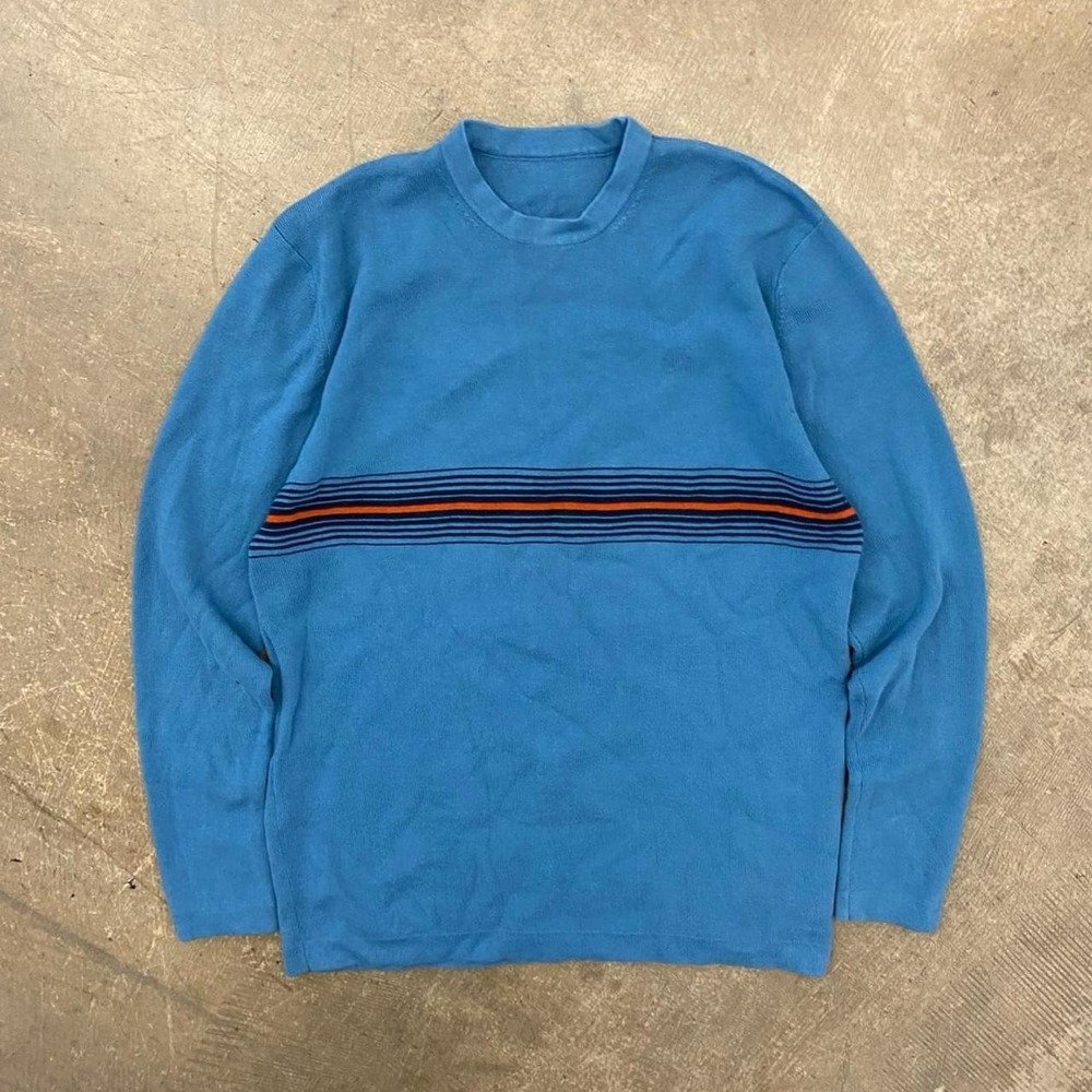Vintage Y2K Blue Striped Wrap Around Essential Sweater Size Large